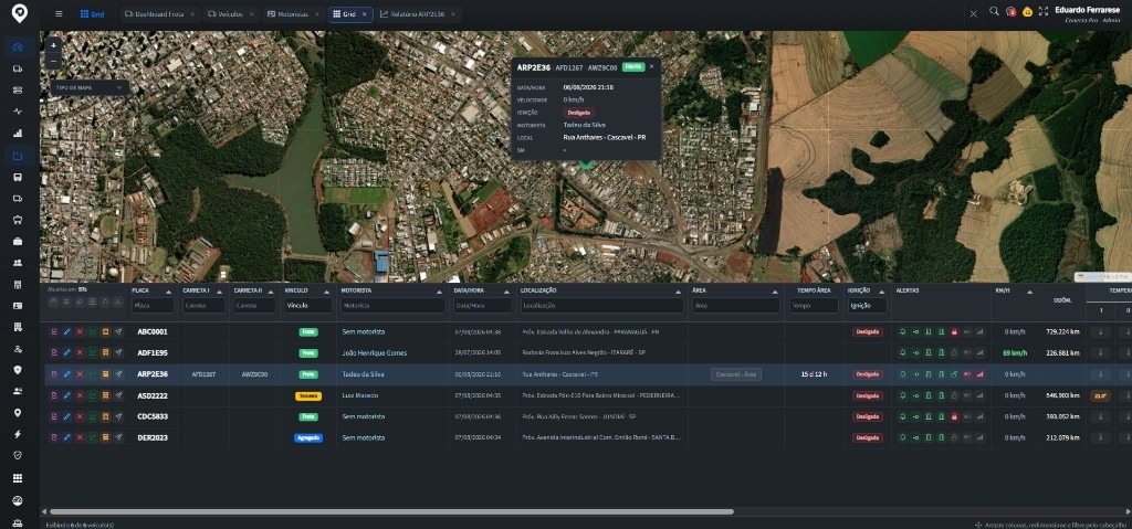 Grid de rastreamento Conecta Pro com mapa satelital e frota em tempo real